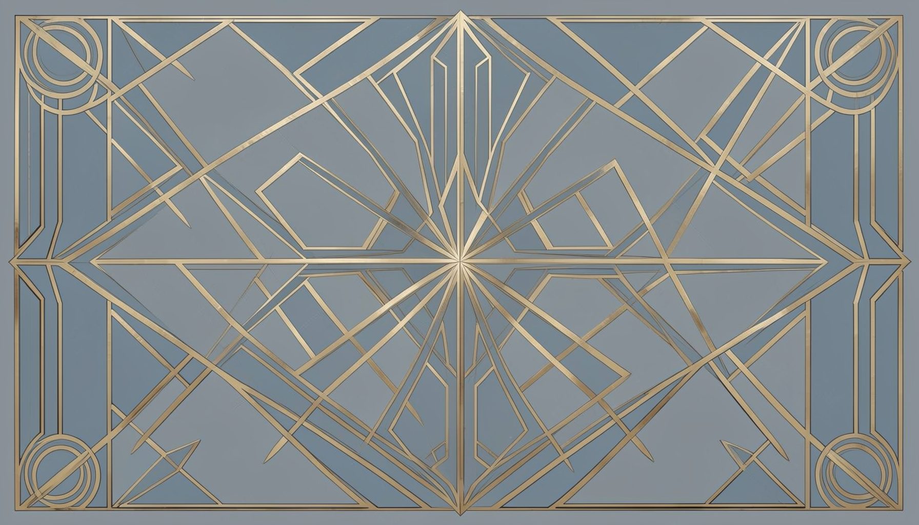 Art-deco geometric composition with symmetrical motifs in muted blue-gray and gold tones, evoking a classic championship atmosphere